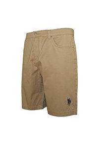 Beige shorts made of cotton, featuring a zippered front, five pockets, and an embroidered logo on the lower left side.