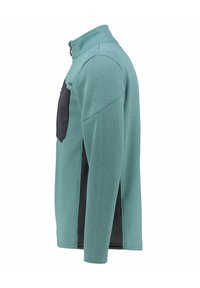 Pullover in pile a mezza zip in teal con una trama a nido d'ape, con un pannello nero sul petto e tasca con zip.