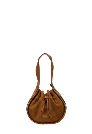 Sac seau en daim marron avec fermeture à cordon, bordures surpiquées et une seule bandoulière.