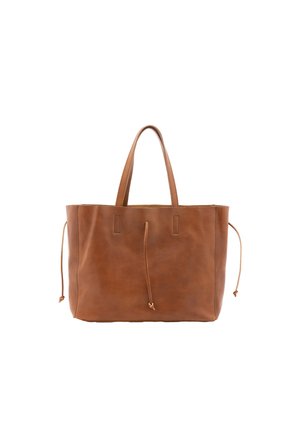 Sac fourre-tout en cuir marron avec deux poignées et un détail à cordon de serrage sur les côtés. Texture lisse et design minimaliste sans motifs visibles.