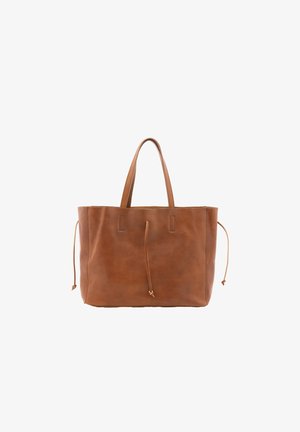Borsa tote in pelle marrone con due manici e dettaglio a coulisse sui lati. Tessuto liscio e design minimalista senza motivi visibili.