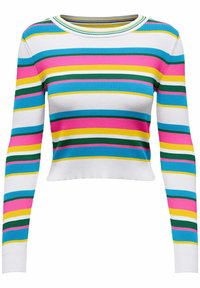 Top corto a righe con strisce orizzontali blu, rosa, giallo, verde e bianche. Realizzato in tessuto a costine, con maniche lunghe e scollatura rotonda.