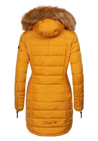 Yellow padded jacket with a fur-lined hood, featuring vertical stitching, zippered pockets, and a logo tag at the hem.