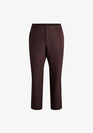 Rjav hlače do kolen, izdelane iz gladke tkanine, z elastiko v pasu, sprednjimi žepi in enim gumbom za zapiranje.