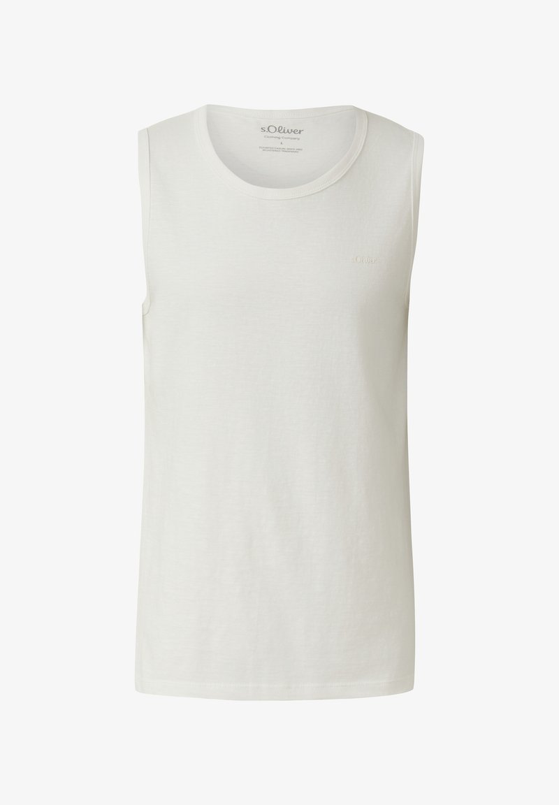 Débardeur blanc sans manches à col rond avec un logo s.Oliver discret sur la poitrine et une étiquette à l'intérieur du col.