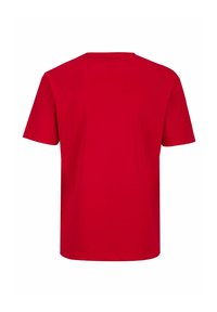 Rotes Baumwoll-T-Shirt, kurze Ärmel, Rundhals, einfarbig ohne Muster oder Akzente, glatte Textur, Ansicht von hinten.