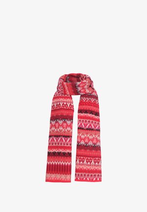 Sciarpa rossa con motivi geometrici in rosa, bianco e nero. Texture lavorata a maglia, con strisce e motivi di larghezze variabili.