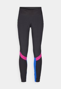 Fekete leggings magas derékkal, az oldalán rózsaszín és kék geometrikus panelek találhatók. Rugalmas, sima anyagból készült.