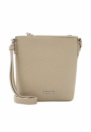 Beige leather crossbody bag with a textured finish, slim shape, detachable strap, and silver logo accent on the front. Zipper closure on top.