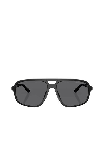 Occhiali da sole neri con design rettangolare, lenti scure e finitura opaca. Presentano un ponte prominente e robuste astine nere.