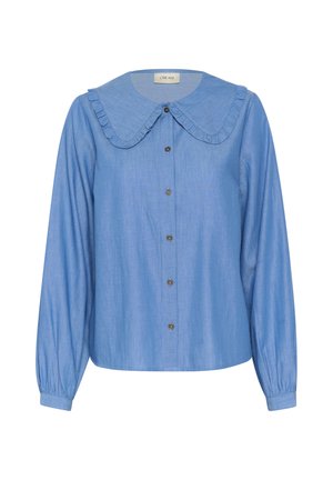 Svijetloplava košulja dugih rukava izrađena od glatkog materijala. Ima veliki, nabran ovratnik i dugih rukava s detaljima na manžetama.