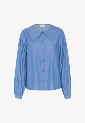 Svijetloplava košulja dugih rukava izrađena od glatkog materijala. Ima veliki, nabran ovratnik i dugih rukava s detaljima na manžetama.