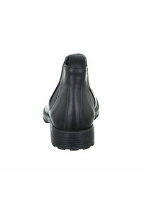 Schwarze Leder-Stiefeletten mit glatter Oberfläche, runder Spitze und strukturiertem Gummisohle. Mit einer genähten Naht entlang des Obermaterials.