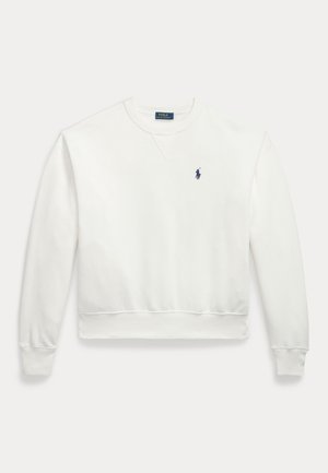 Biała bluza z długim rękawem i okrągłym dekoltem, ze ściągaczami przy mankietach i u dołu, z małym granatowym logo Polo Ralph Lauren na lewej stronie klatki piersiowej.