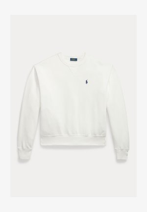White long-sleeve crewneck sweatshirt with ribbed cuffs and hem, featuring a small navy Polo Ralph Lauren logo on the left chest.