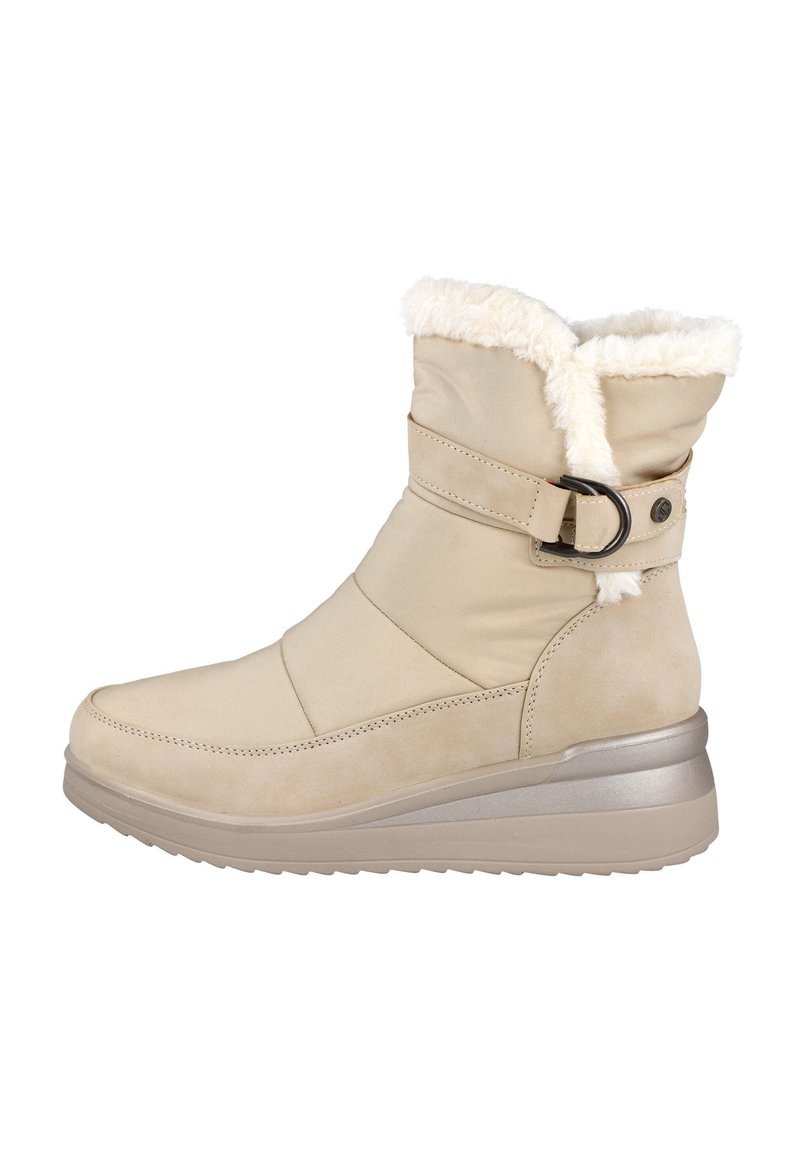 Bota de invierno beige con forro de pelo, correa ajustable con hebilla y suela gruesa diseñada para el calor y la comodidad.