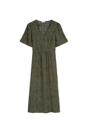 Green patterned dress with a V-neck, short flutter sleeves, and a fitted waist that flows into a knee-length skirt. Soft fabric texture.