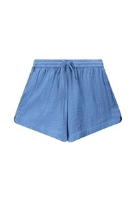 Shorts bleus en tissu texturé avec une taille élastique et un cordon de serrage. Présentent des fentes latérales et un design décontracté.
