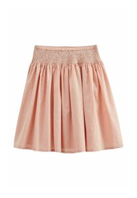 Jupe en coton rose avec une taille smockée et un design froncé. Le tissu est léger avec une texture lisse.