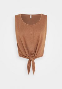 Roestkleurig cropped top met een ronde halslijn, knopen aan de voorkant en een knoopdetail in de taille; gemaakt van zachte, gestructureerde stof met subtiele strepen.