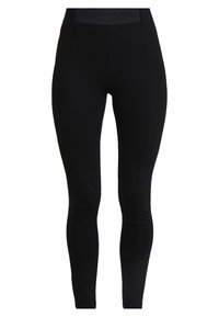 Czarne legginsy wykonane z elastycznego materiału, mają wysoki stan, dopasowany krój oraz gładkie, bezszwowe nogawki. Brak widocznych logo lub wzorów.