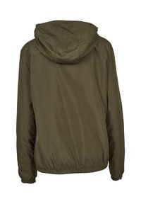 Veste à capuche vert foncé avec manches longues et poignets élastiques vue de dos sur fond blanc.