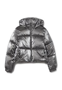 Silberner Puffer-Jacke mit Kapuze, mit glänzender, gesteppter Oberfläche, langen Ärmeln und elastischen Bündchen. Vorderer Reißverschluss. Kürzerer Schnitt.