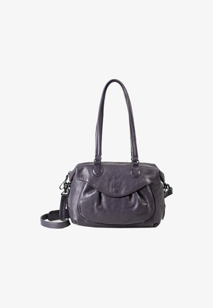 Lila Lederhandtasche mit zwei Griffen, einem abnehmbaren Schultergurt und einer Frontklappentasche mit runder Form. Glatte Textur.