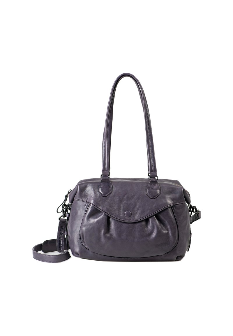 Borsa a mano in pelle viola con due manici, una tracolla removibile e una tasca frontale con design arrotondato. Texture liscia.
