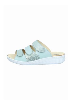 Light blue open-toe sandal with three adjustable glittery straps and a thick white sole.
