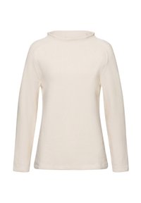 Helles beige Langarmshirt mit Rundhalsausschnitt. Weiche Textur und einfacher Stil mit Raglanärmel.