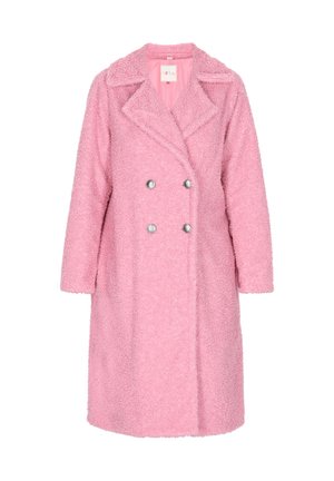 Roze dubbele-breasted jas van zacht stof, met een kraag, zes decoratieve zilveren knopen en lange mouwen.