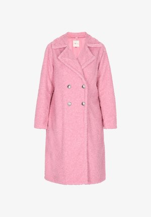 Rosa doppelt knöpfbarer Mantel aus flauschigem Stoff, mit einem Kragen, sechs dekorativen silbernen Knöpfen und langen Ärmeln.