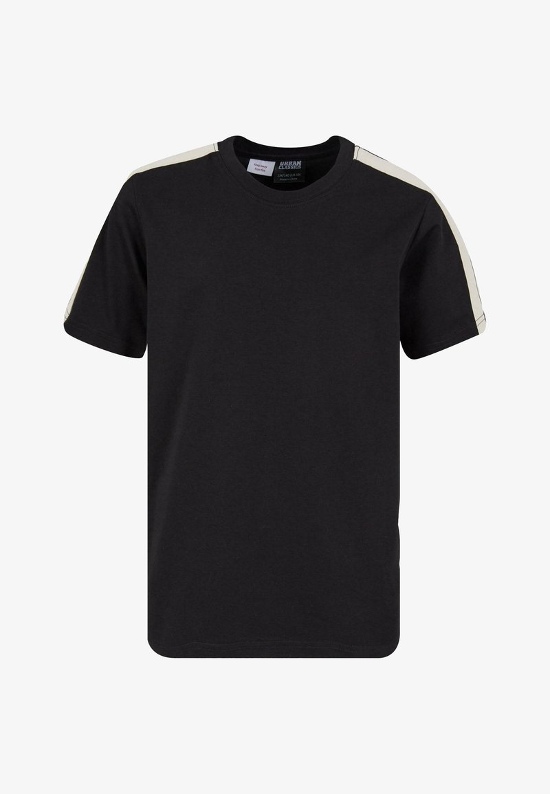 Melnas īsām piedurknēm T-kreklas, izgatavots no kokvilnas, ar bežiem akcentiem uz pleciem. Klasisks apaļais kakla izgriezums ar taisnu apakšmalu.