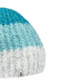Knitted beanie with a blend of turquoise, light blue, and white yarns. Textured pattern with a small brand tag at the base.