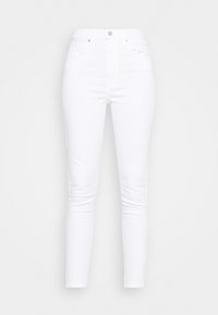 Vita denim skinny jeans med hög midja, fem fickor, metallknapplås och en slät, texturerad yta.