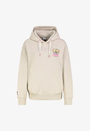 Cream hooded sweatshirt made of soft fabric, featuring a front pocket and a bear graphic with pink accents on the chest. Ribbed cuffs and hem.