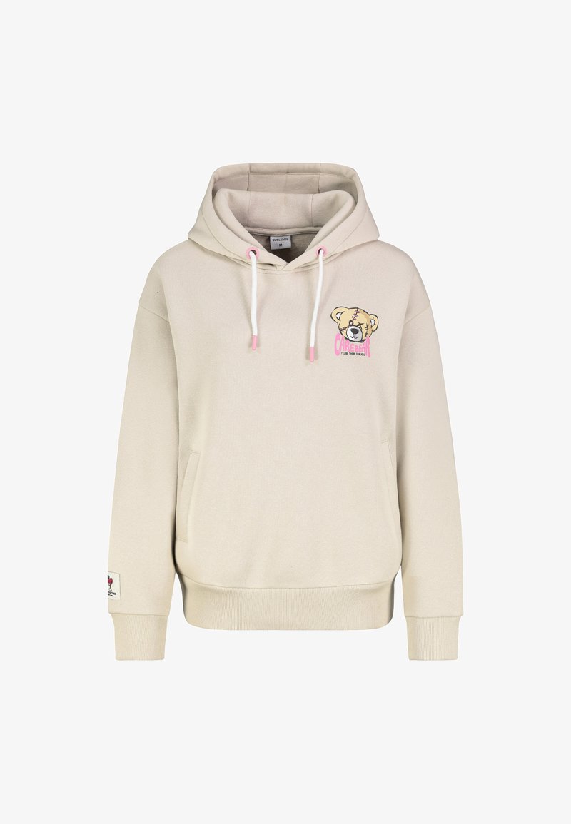 Crème hoodie van zacht materiaal, met een voorzak en een berenafbeelding met roze accenten op de borst. Geribde mouwen en onderrand.