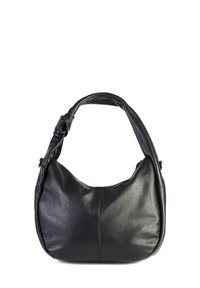Borsa hobo nera in pelle con superficie texturizzata e una singola tracolla annodata, esposta su uno sfondo bianco.