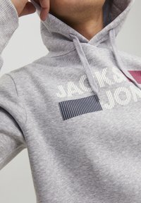 Felpa grigia con cappuccio e cordino, caratterizzata da lettering bianco testurizzato e un design a righe in rosso e blu navy. Tessuto morbido, design casual.