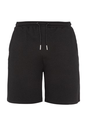 Short neri con trama, con vita elastica e coulisse nere con punte argentate, mostrati su sfondo bianco.