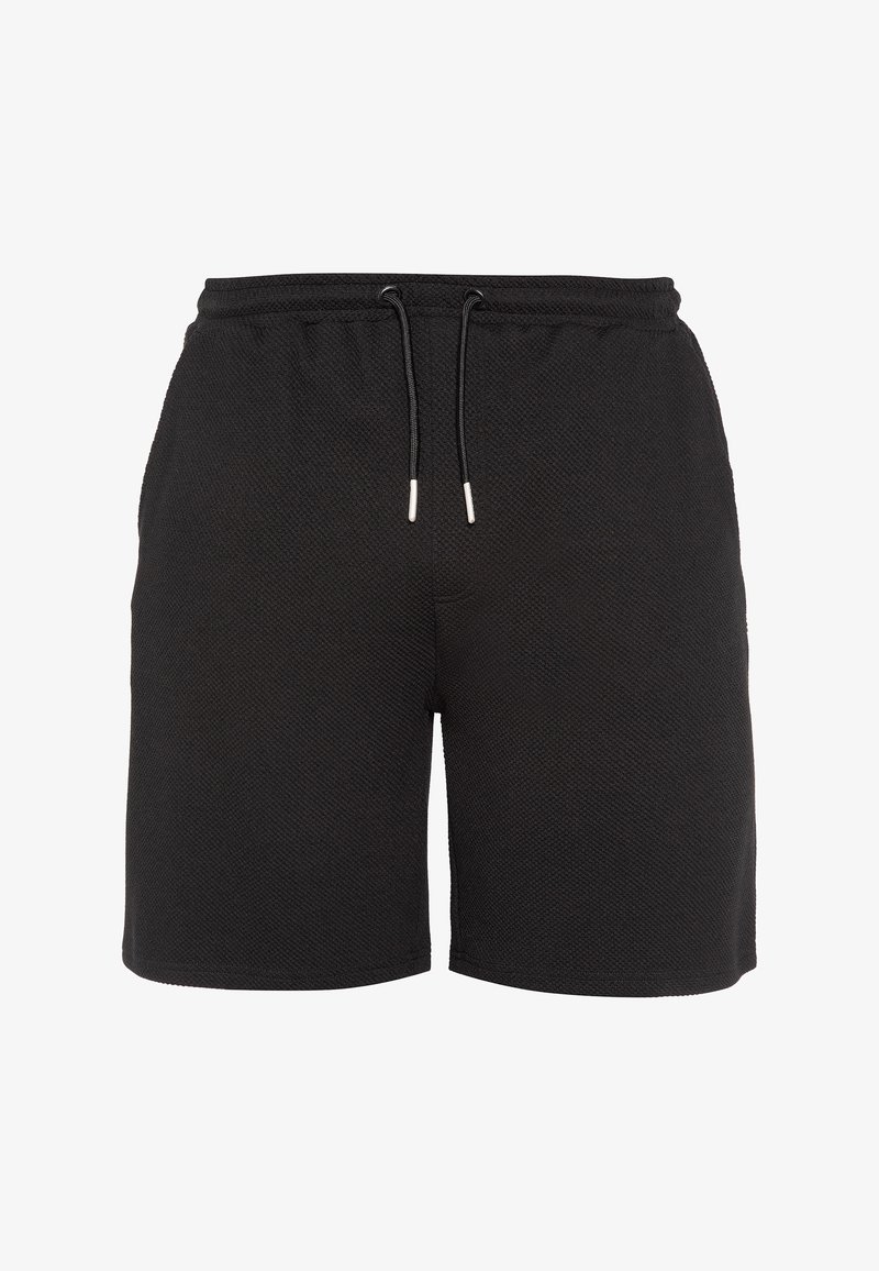 Shorts noirs texturés avec une ceinture élastique et des cordons noirs accentués par des embouts argentés, présentés sur un fond blanc.