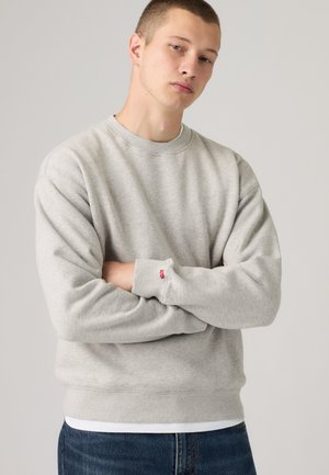 Junger Mann mit kurzen Haaren trägt hellgrauen Pullover und blaue Jeans, steht mit verschränkten Armen vor einfarbigem Hintergrund.