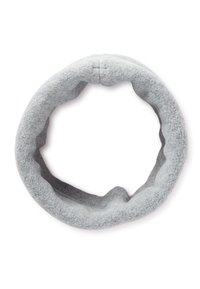 Fascia grigia in pile con forma circolare, caratterizzata da una texture morbida e un bordo leggermente arricciato per un comfort aggiuntivo.