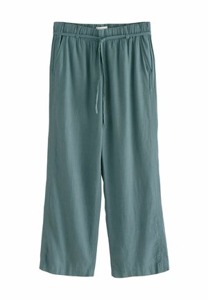 Pantaloni a gamba larga in teal chiaro realizzati in morbido tessuto, dotati di vita elasticizzata, cordoncino e tasche laterali. Texture liscia, vestibilità rilassata.