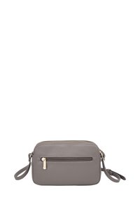 Borsa in pelle grigia testurizzata di forma rettangolare, dotata di un vano principale con zip e una tasca frontale, dettagli in metallo dorato.
