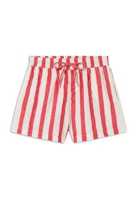 Shorts en coton rayés rouges et blancs avec une taille élastique, un cordon de serrage et des poches latérales. Texture douce avec une coupe décontractée.