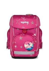 Zaino rosa con motivi a stella argentati, dettagli riflettenti, tasca frontale e distintivo di unicorno. Progettato ergonomicamene con spallacci regolabili.