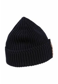 Marineblaue Strickmütze mit gerippter Struktur, spitzem Oberteil und umgeschlagenem Bündchen. Verfügt über ein braunes Lederpatch an der Seite.