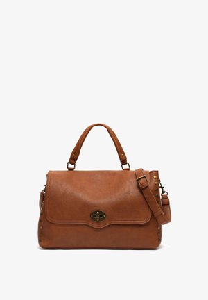 Brown faux leather handbag with a textured finish, top handle, detachable shoulder strap, and gold-tone hardware accents. Circular clasp closure.